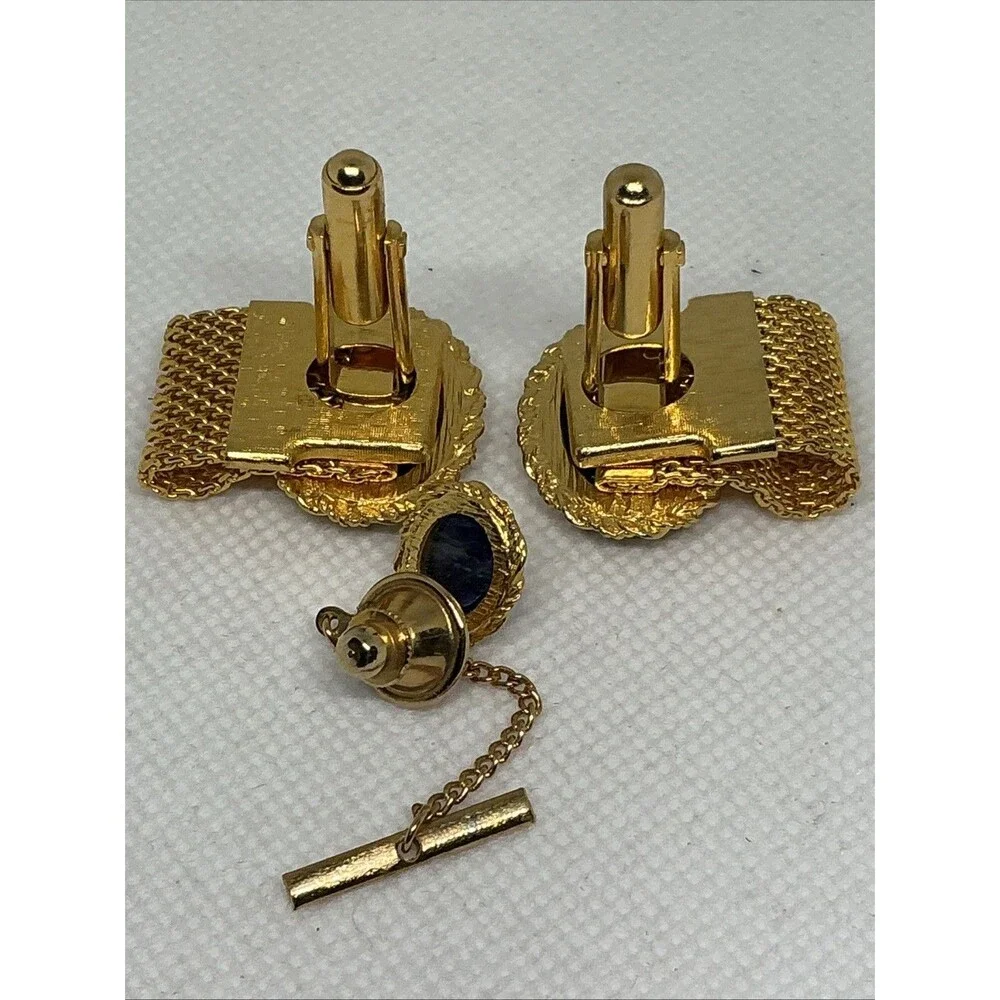 Vintage Retro Gold Tone Blue Stone Oval Mesh Wrap Around Cufflinks With Tie Tack